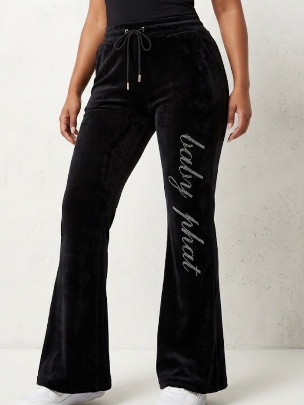 Baby Phat Black Velour Rhinestone Logo Flared Joggers